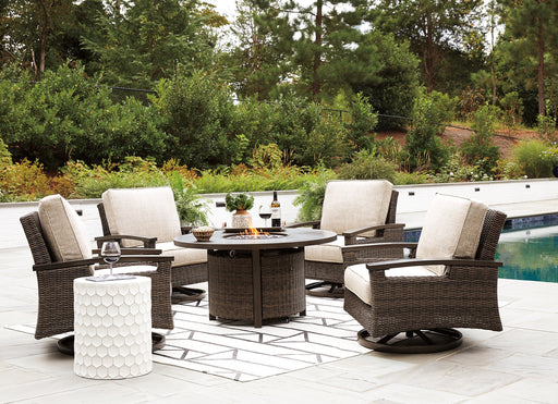 Paradise Trail Paradise Trail Fire Pit Table with 4 Nuvella Swivel Lounge Chairs - Dream Home Furniture & Mattress (Waite Park, MN)