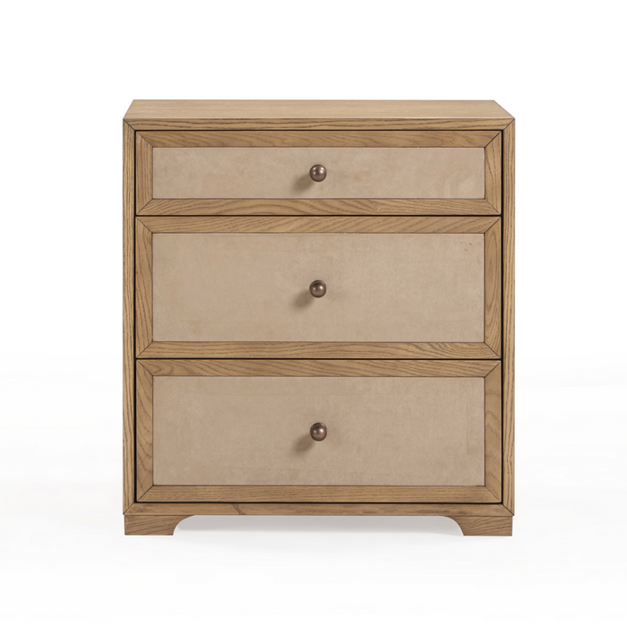 Laurentis 23.5" Light Taupe Suede and Wood 3-Drawer Nightstand