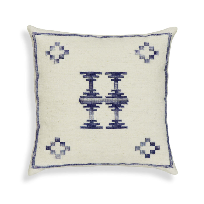 Aztec 20" Cream &amp; Indigo Wool Square Throw Pillow Cover