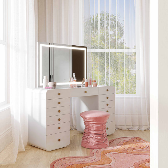 Hollywood 56" White Desk with LED Panel Vanity Mirror