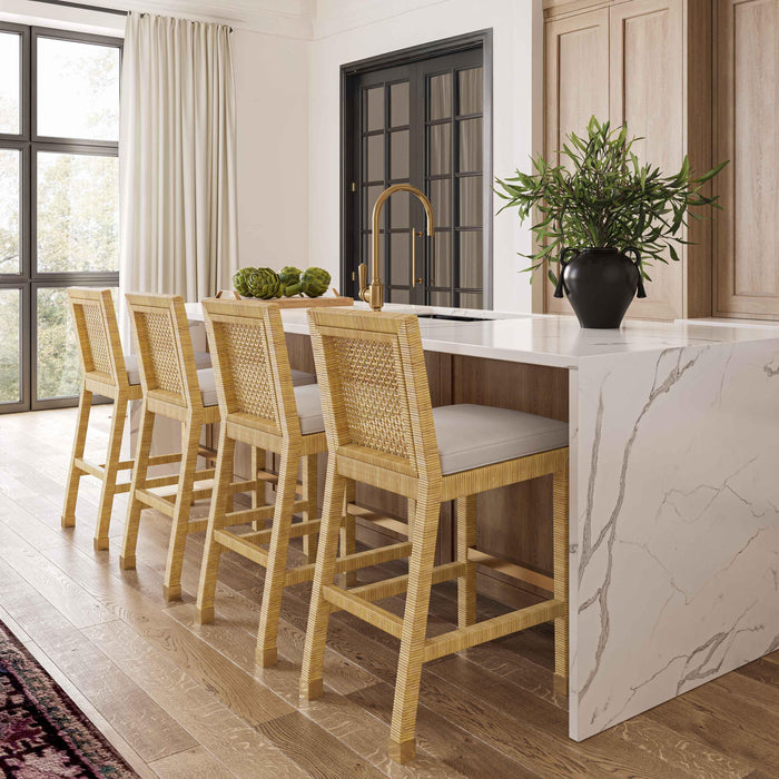 Amara Rattan &amp; Cream Contract-Grade Linen Stool - Dream Home Furniture & Mattress (Waite Park, MN)