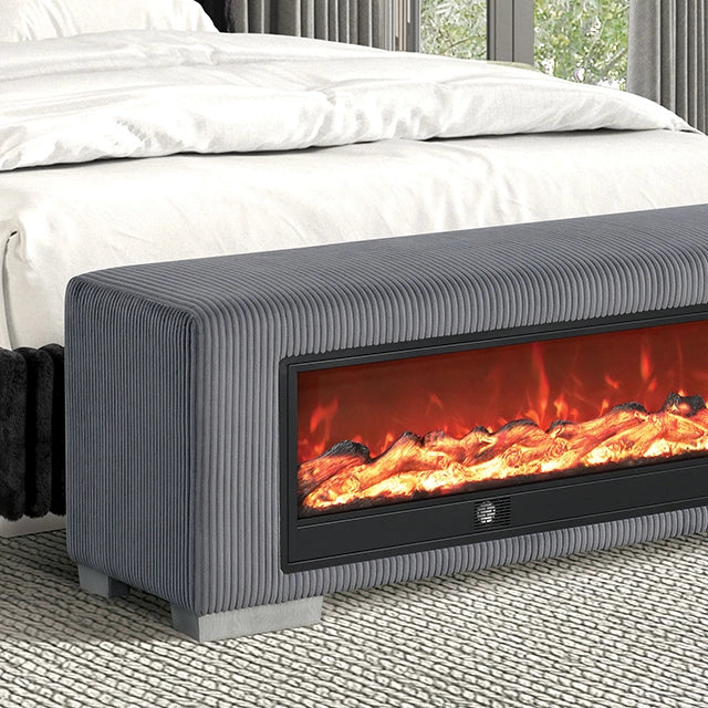 Elnath Bench w/ Visual Wood Log Fireplace Gray - Dream Home Furniture & Mattress (Waite Park, MN)