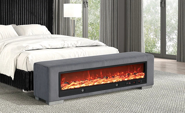 Elnath Bench w/ Visual Wood Log Fireplace Gray - Dream Home Furniture & Mattress (Waite Park, MN)
